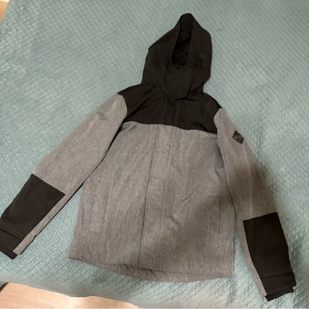 Hollister Black and Gray Hooded Raincoat with Sporty Color-Block Design